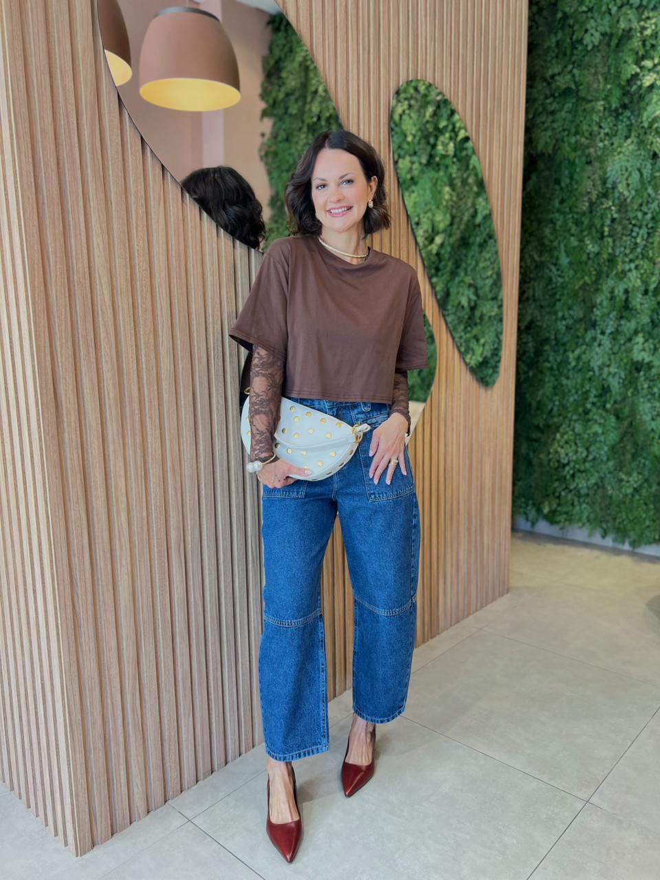 T-shirt Algodão + Body de Renda, Marrom