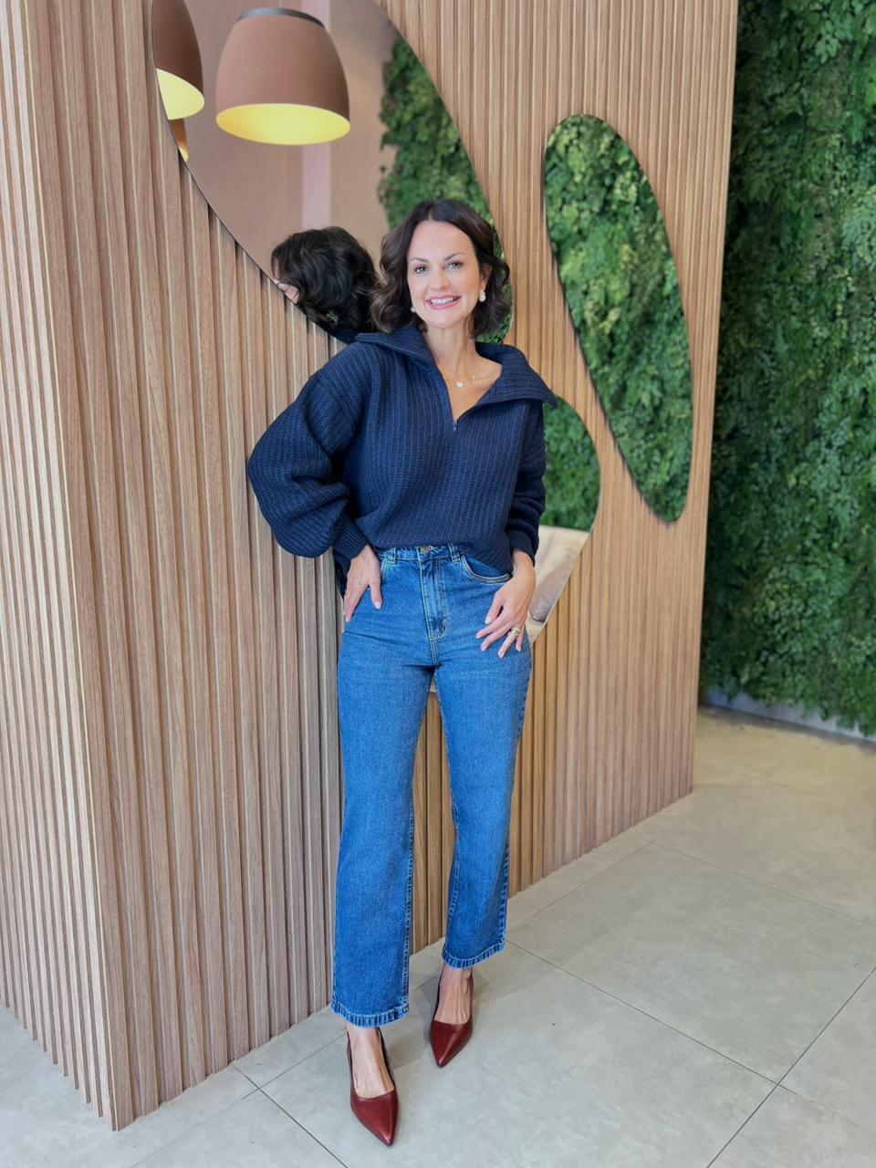 Blusa em Tricô Gola com Ziper, Azul Marinho