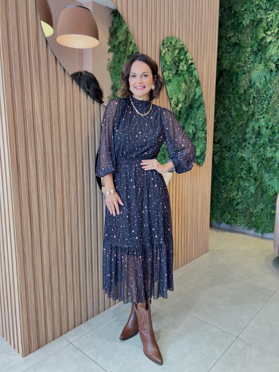 Vestido Midi em Tule com Estampa Coração