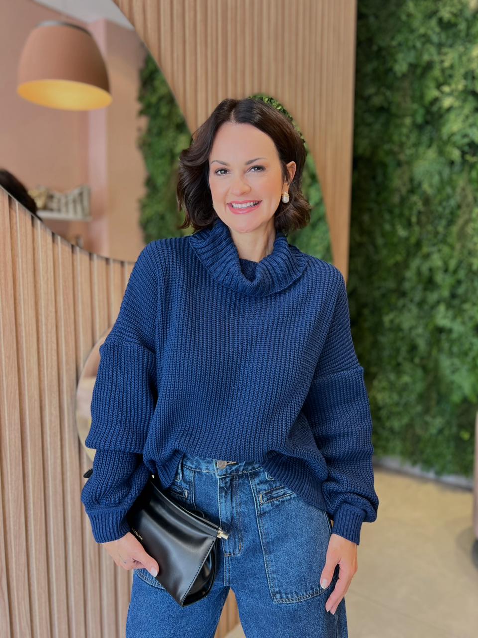 Tricô Oversized com Gola Solta, Azul Marinho