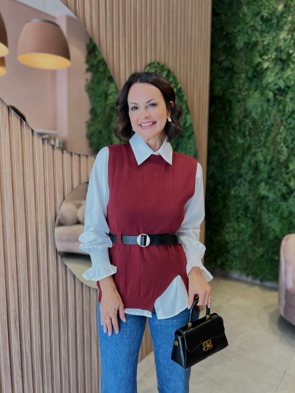 Camisa + Colete em Tricô Modal, Marsala