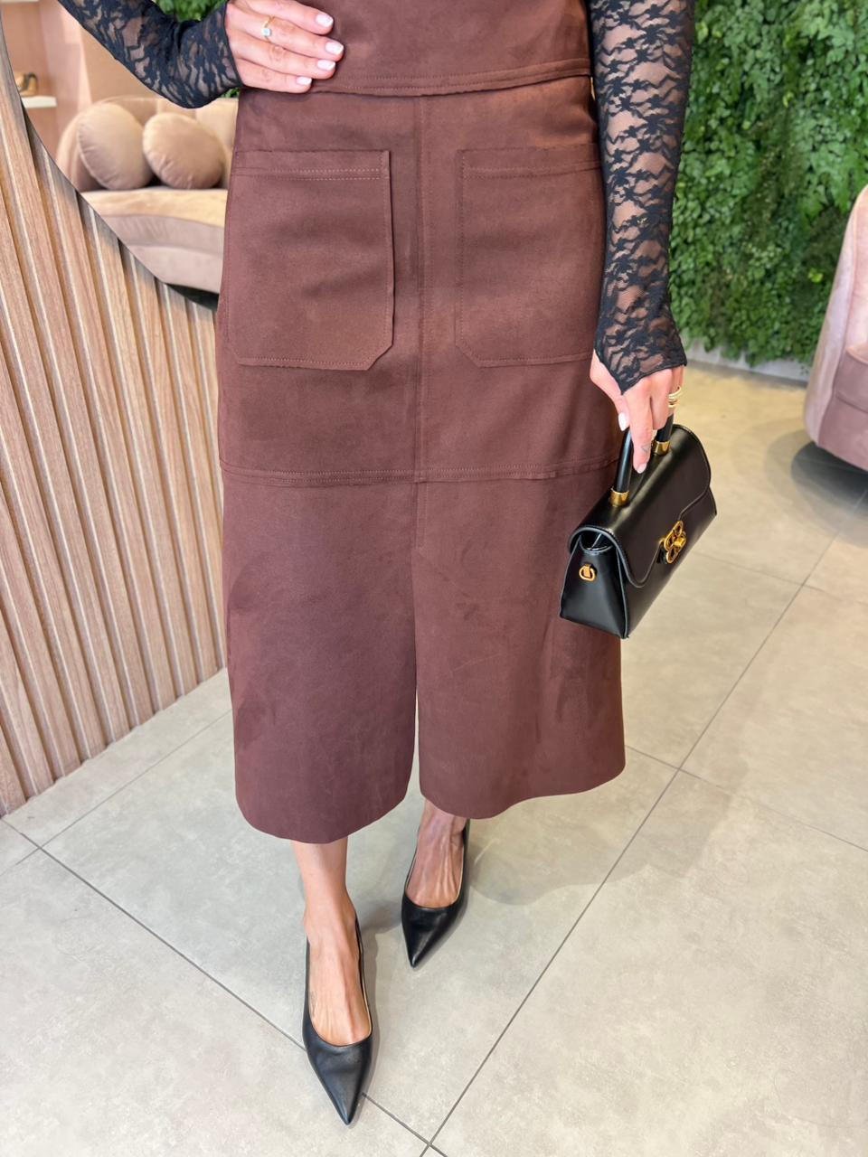 Saia Midi em Suede, Marrom