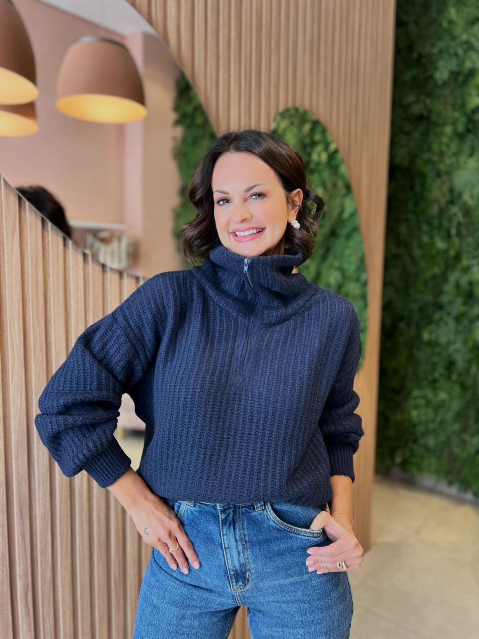 Blusa em Tricô Gola com Ziper, Azul Marinho