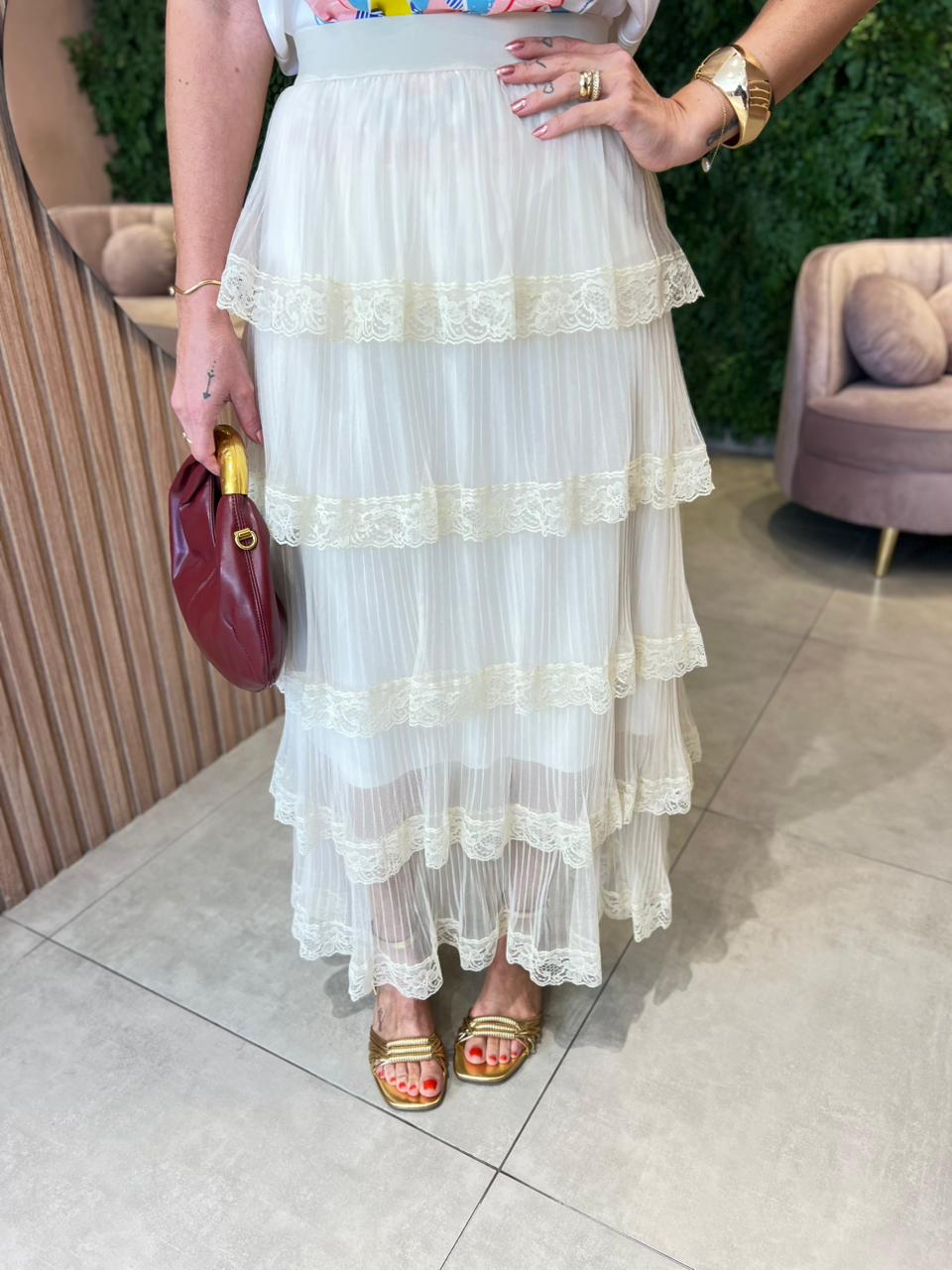 Saia em Camadas em Tule com Renda, Creme