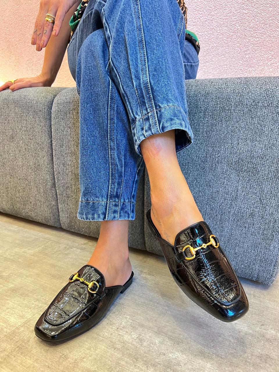 Mule Croco, Preto Verniz