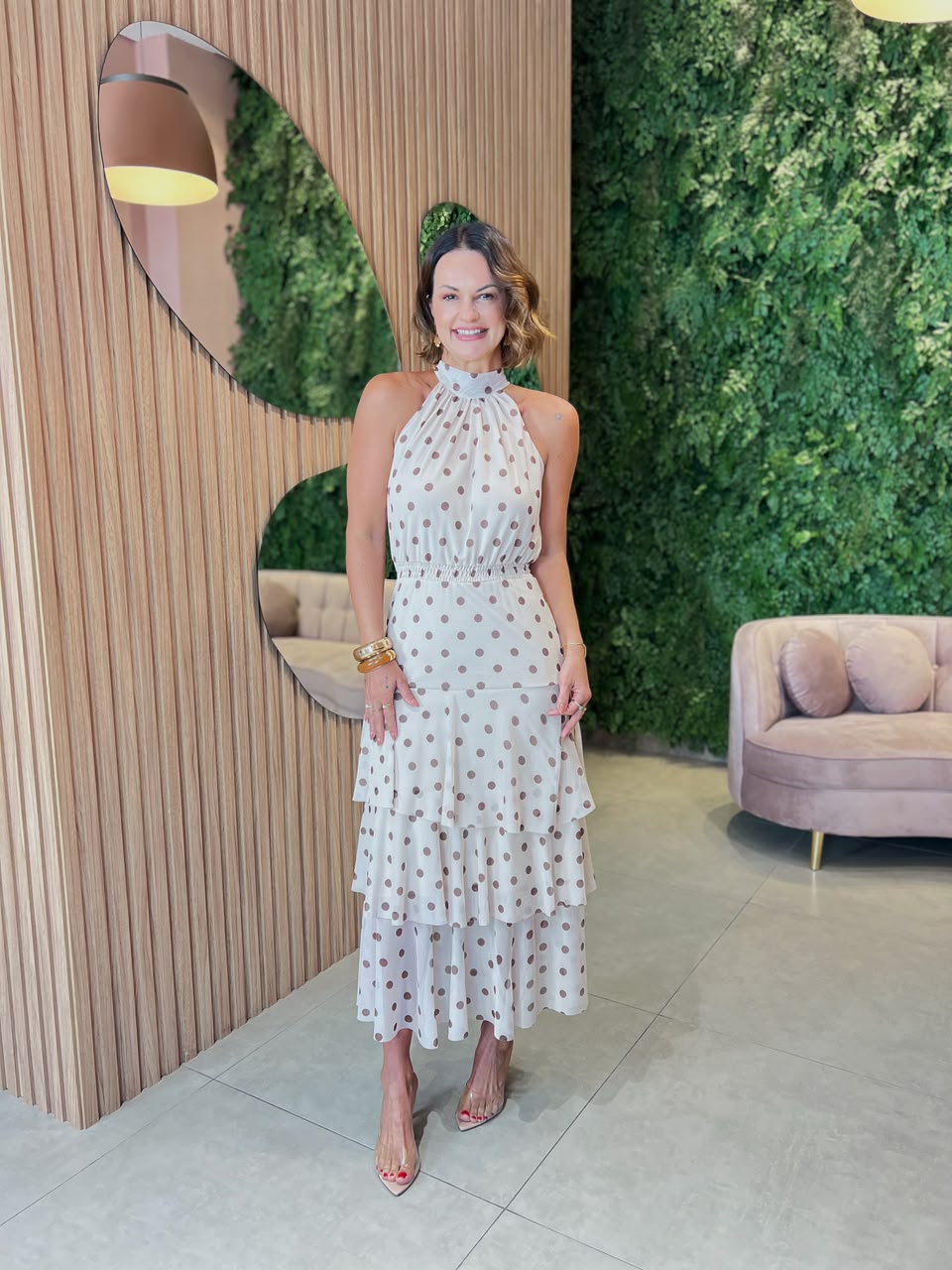 Vestido em Tule com Estampa Poa, Cru com Poa Marrom