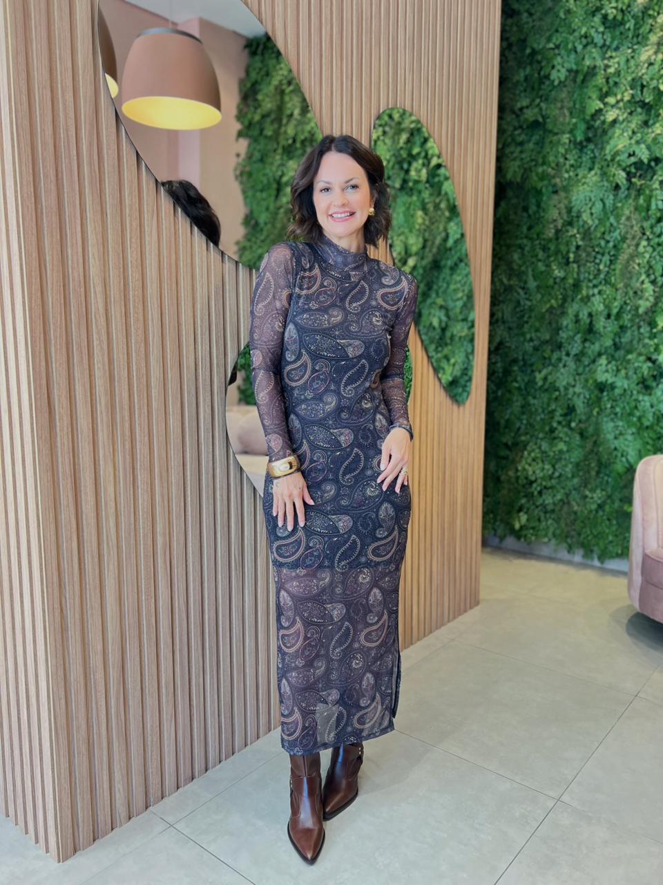 Vestido em Tule com Estampa Paisley, Preto