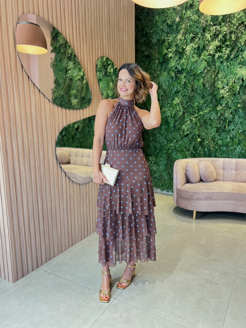 Vestido em Tule com Estampa Poa, Marrom com Poa Azul