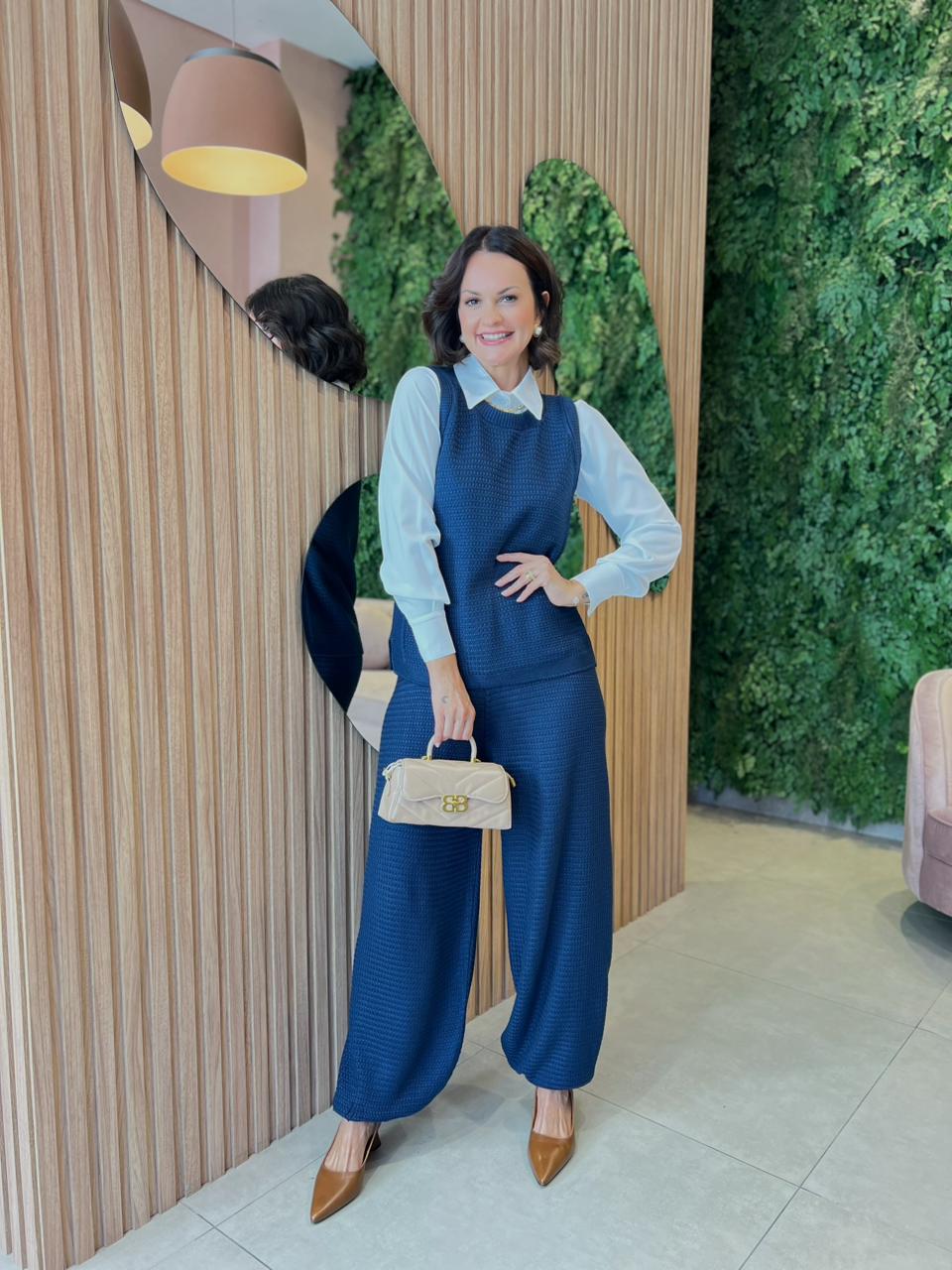 Conjunto Calça Aladim + Regata em Tricô, Azul Marinho