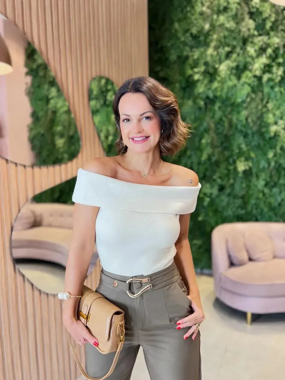 Blusa Ombro a Ombro em Tricô, Cru