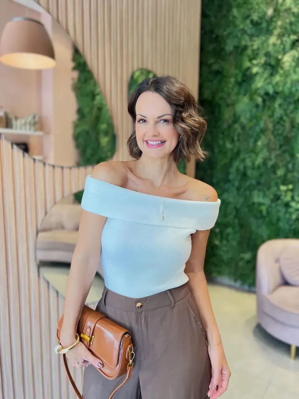 Blusa em Tricot Ombro a Ombro, Off-white