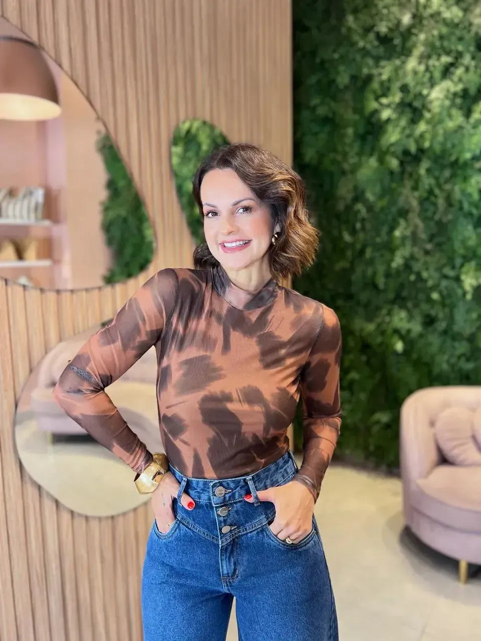 Blusa em Tule Manga Comprida, Marrom