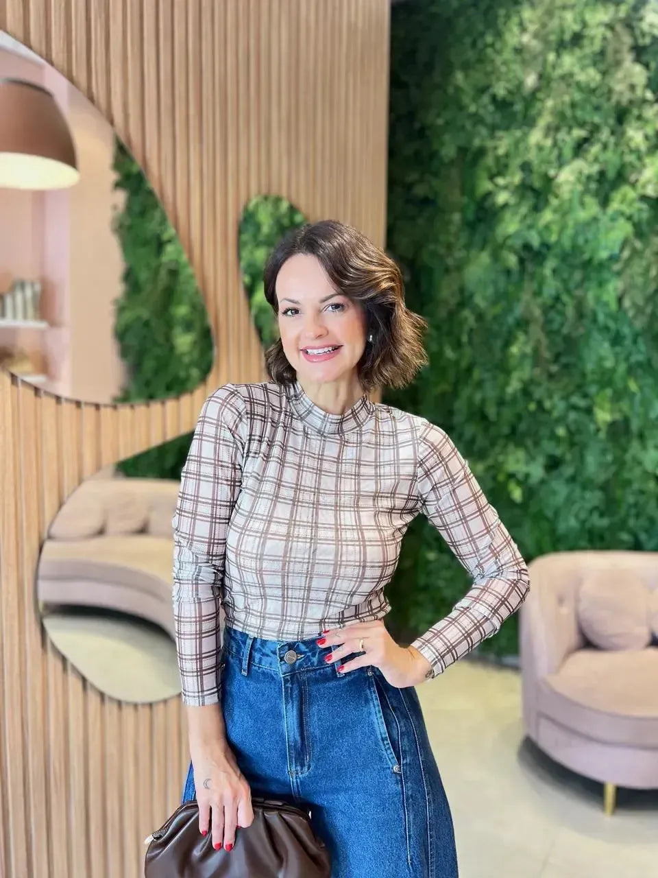 Blusa em Tule Xadrez, Bege com Marrom