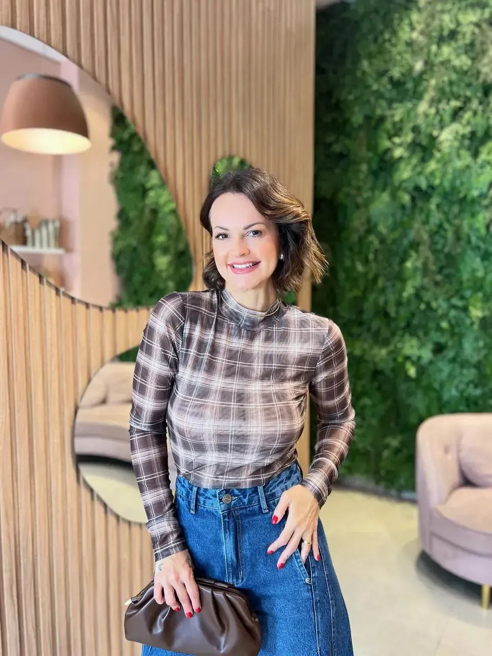 Blusa em Tule Xadrez, Marrom