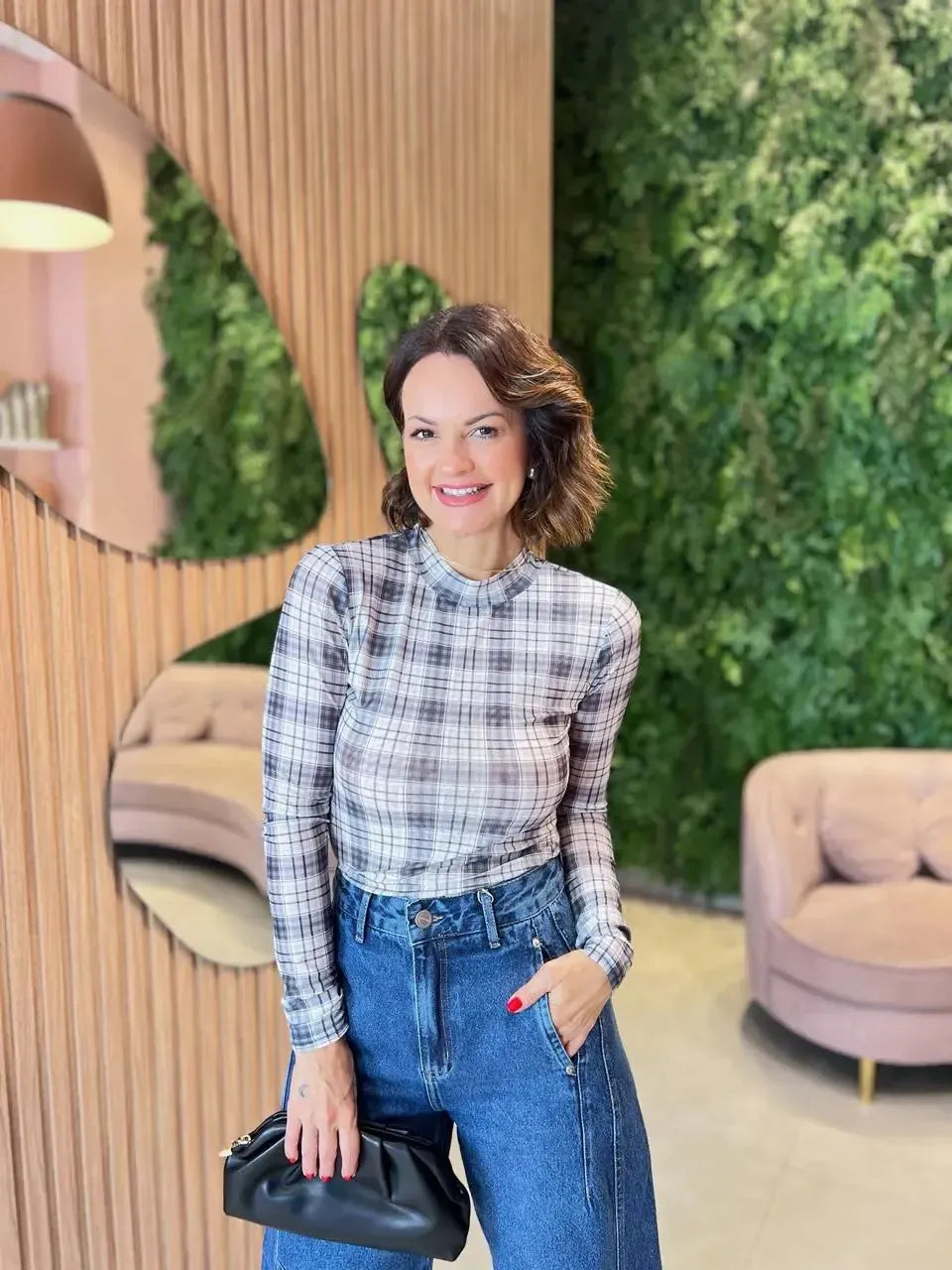 Blusa em Tule Xadrez, Off White com Cinza