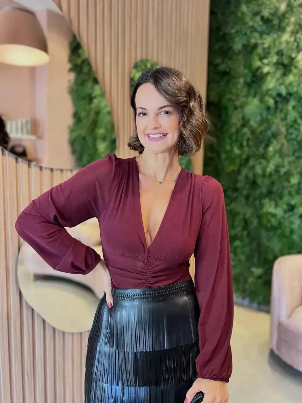 Body em Tule decote V, Marsala