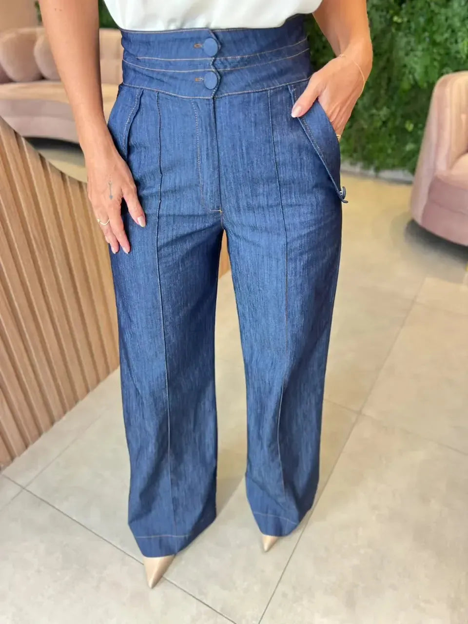 Calça Pantalona Jeans Cintura Alta