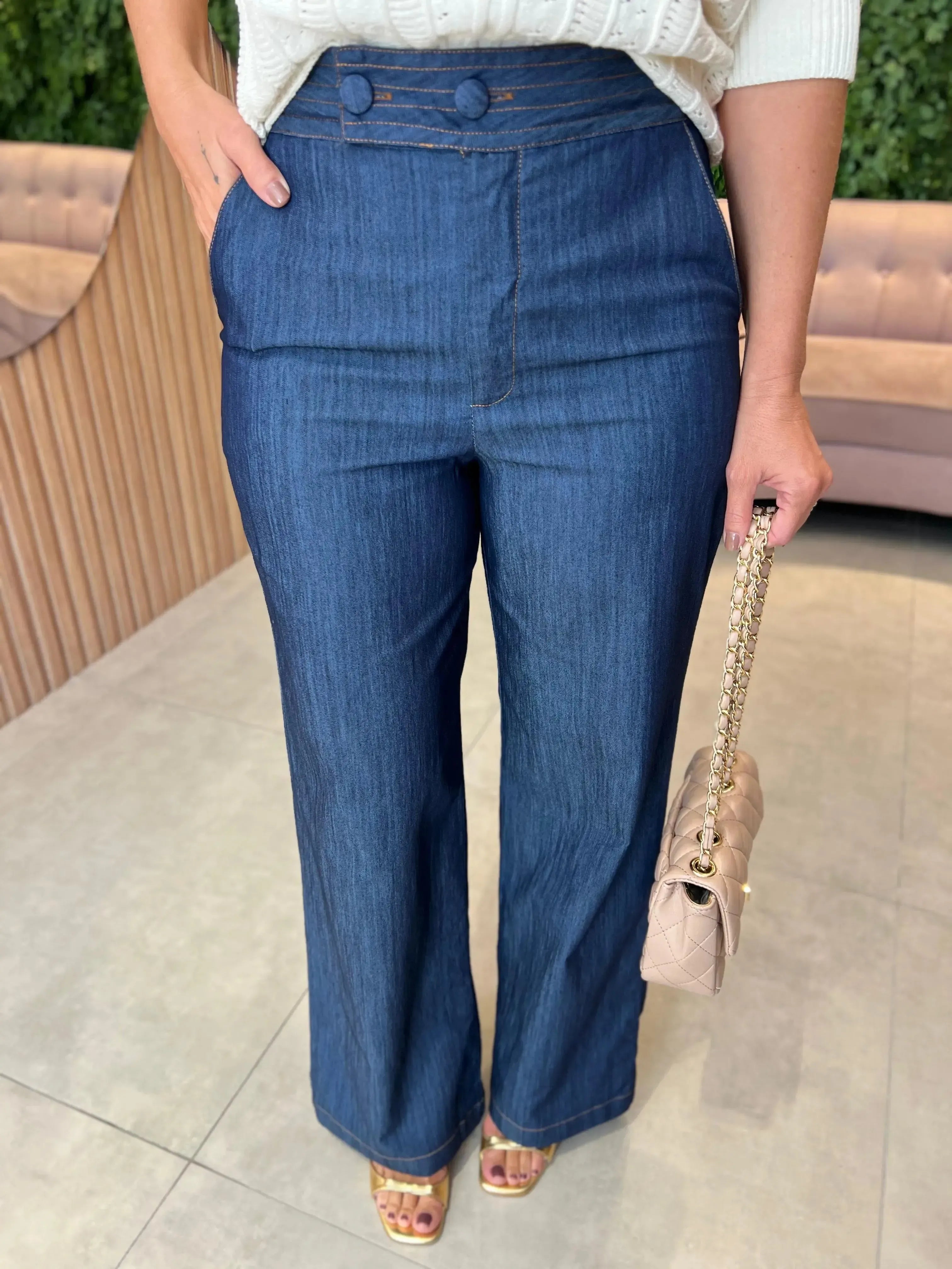 Calça Pantalona Jeans Escuro