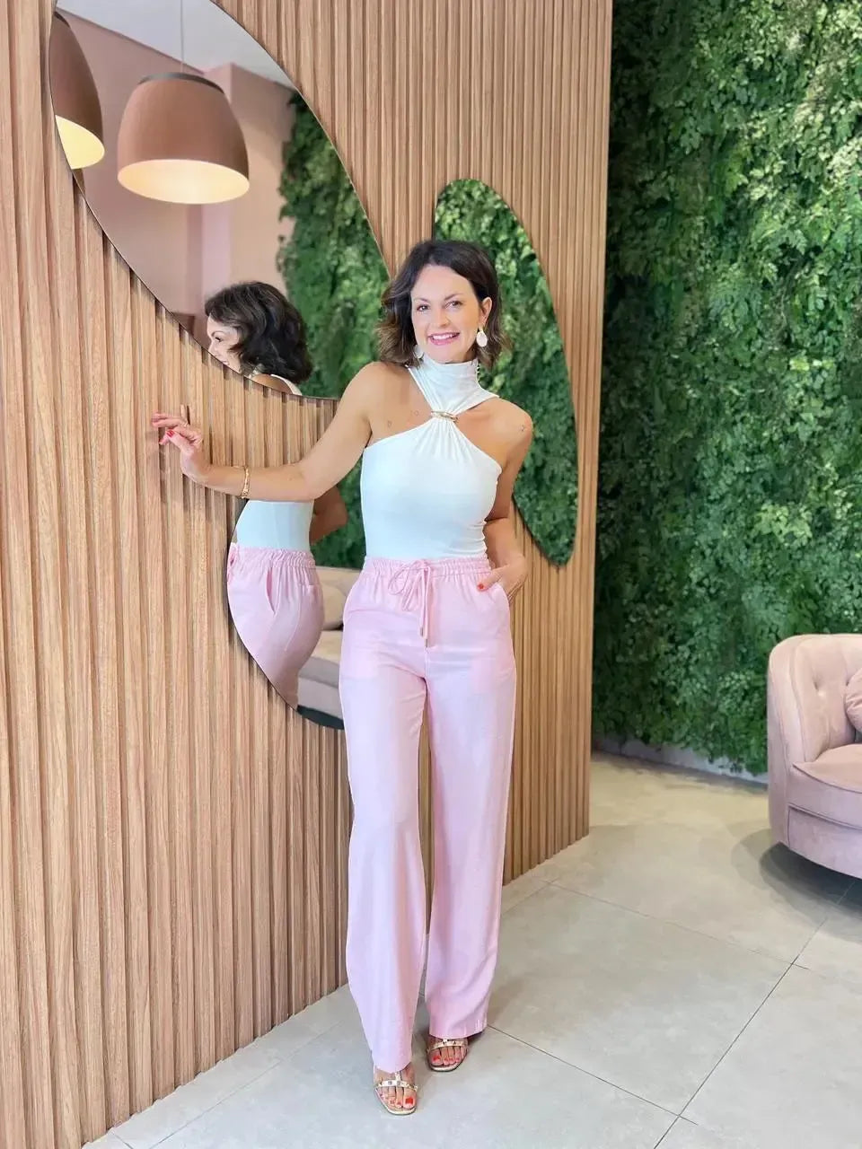 Calça em Marrante com Amarração e Elástico, Rosa