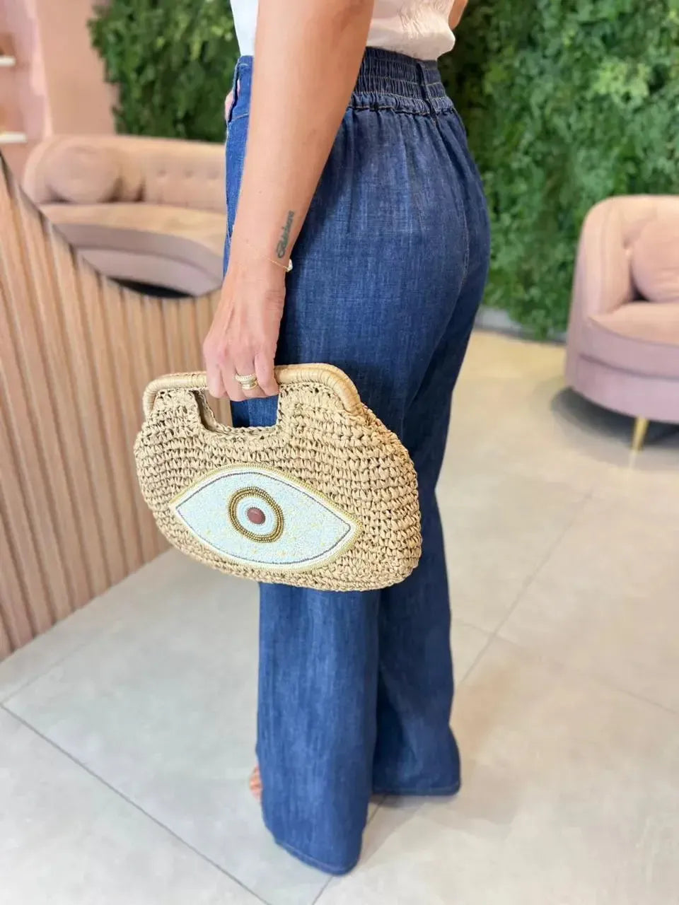 Calça jeans Pantalona com Botão