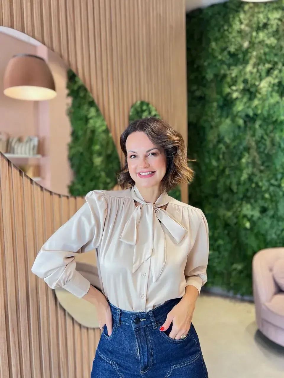 Camisa Amarração em Cetim, Bege