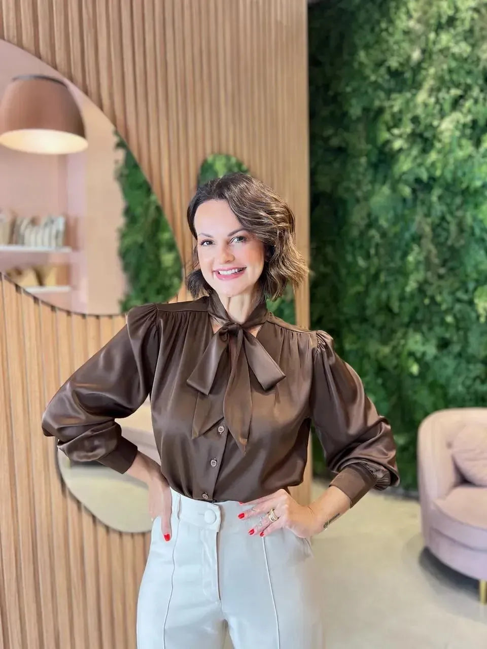 Camisa Amarração em Cetim, Marrom