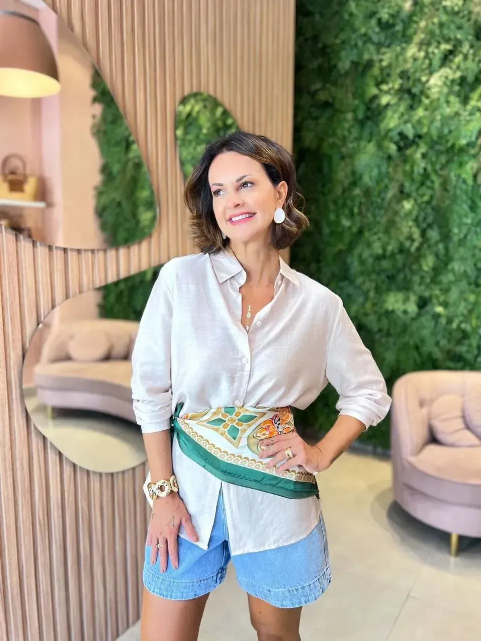 Camisa Oversized Curta, Bege