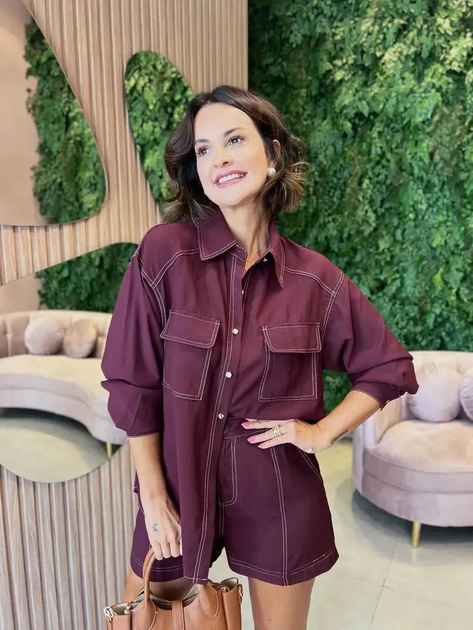 Camisa Oversized Pespontado, Marsala