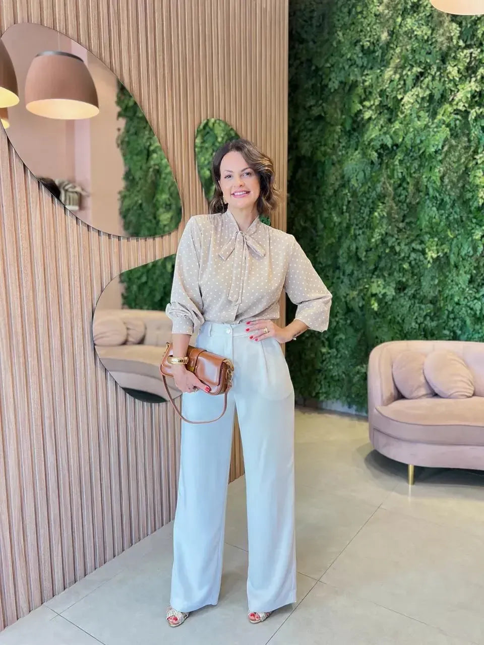 Camisa Poa com Detalhe Amarração, Nude