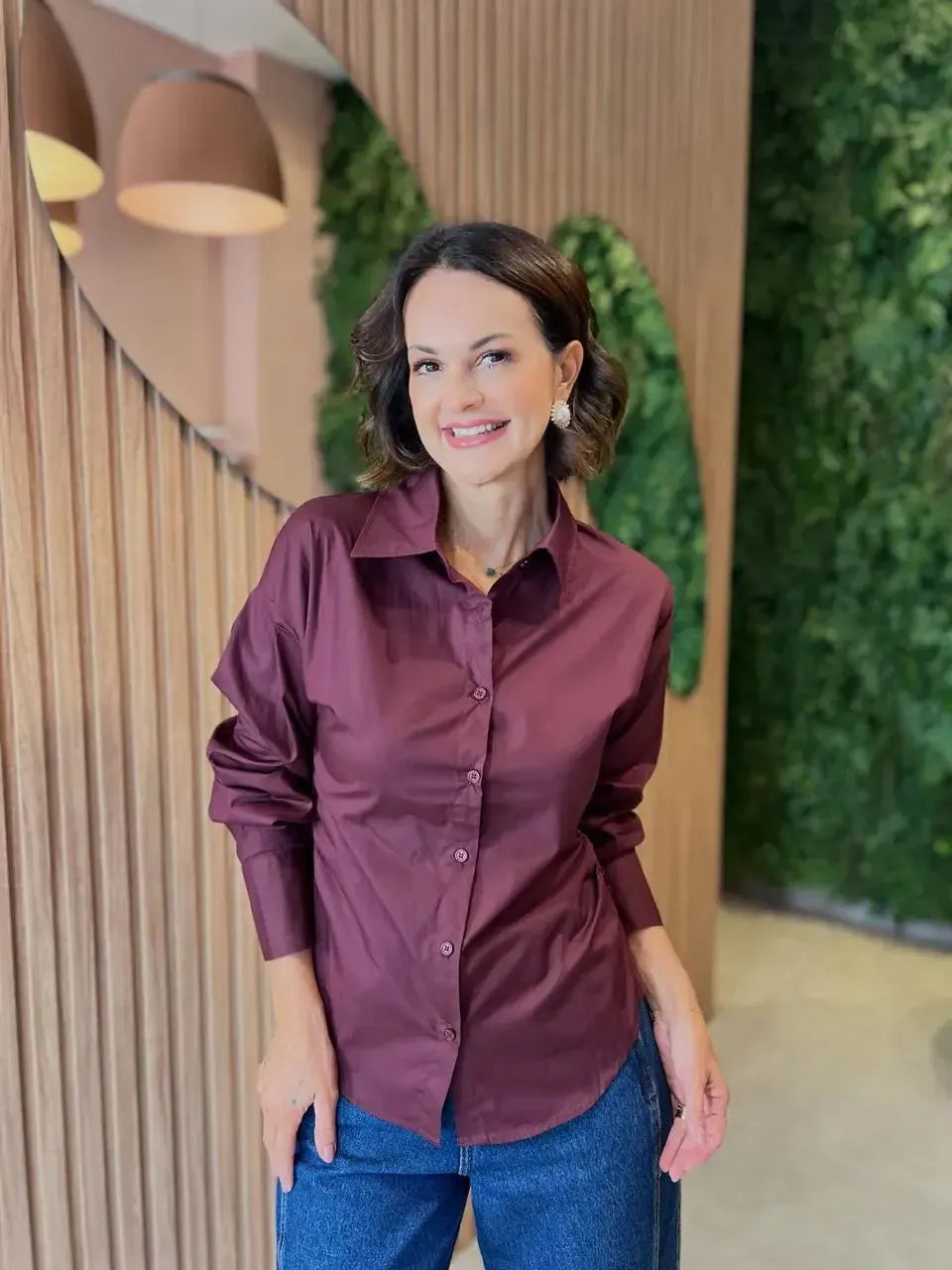 Camisa com Franzido Lateral em Tricoline, Marsala