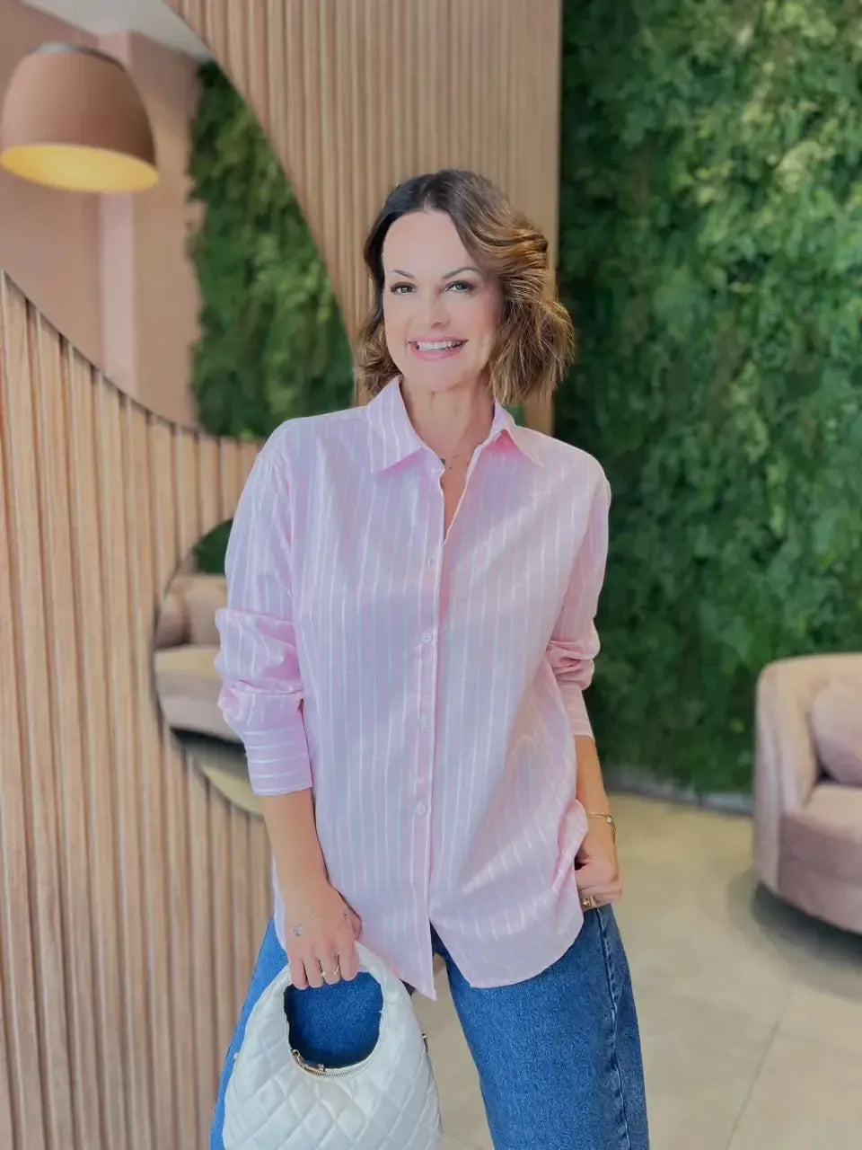 Camisa em Algodão Listrada Rosa