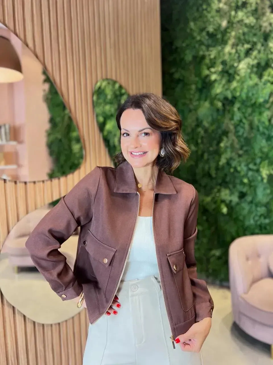 Casaco com Bolso, Marrom Claro