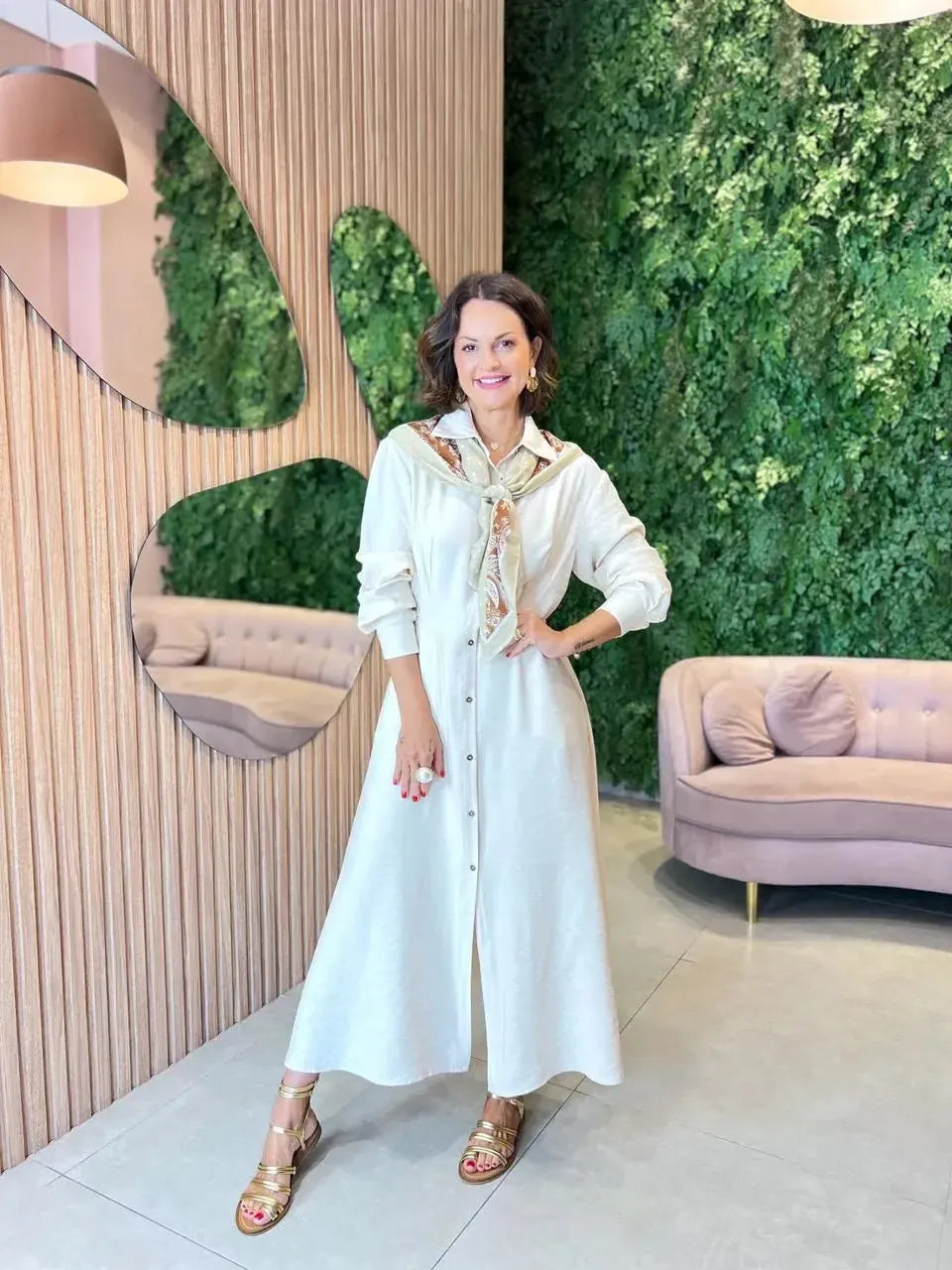 Chemise Longa com Lenço, Cru