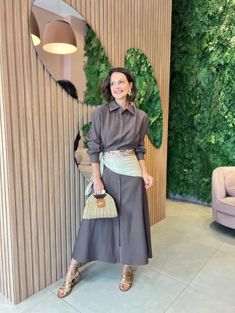 Chemise Longa com Lenço, Marrom