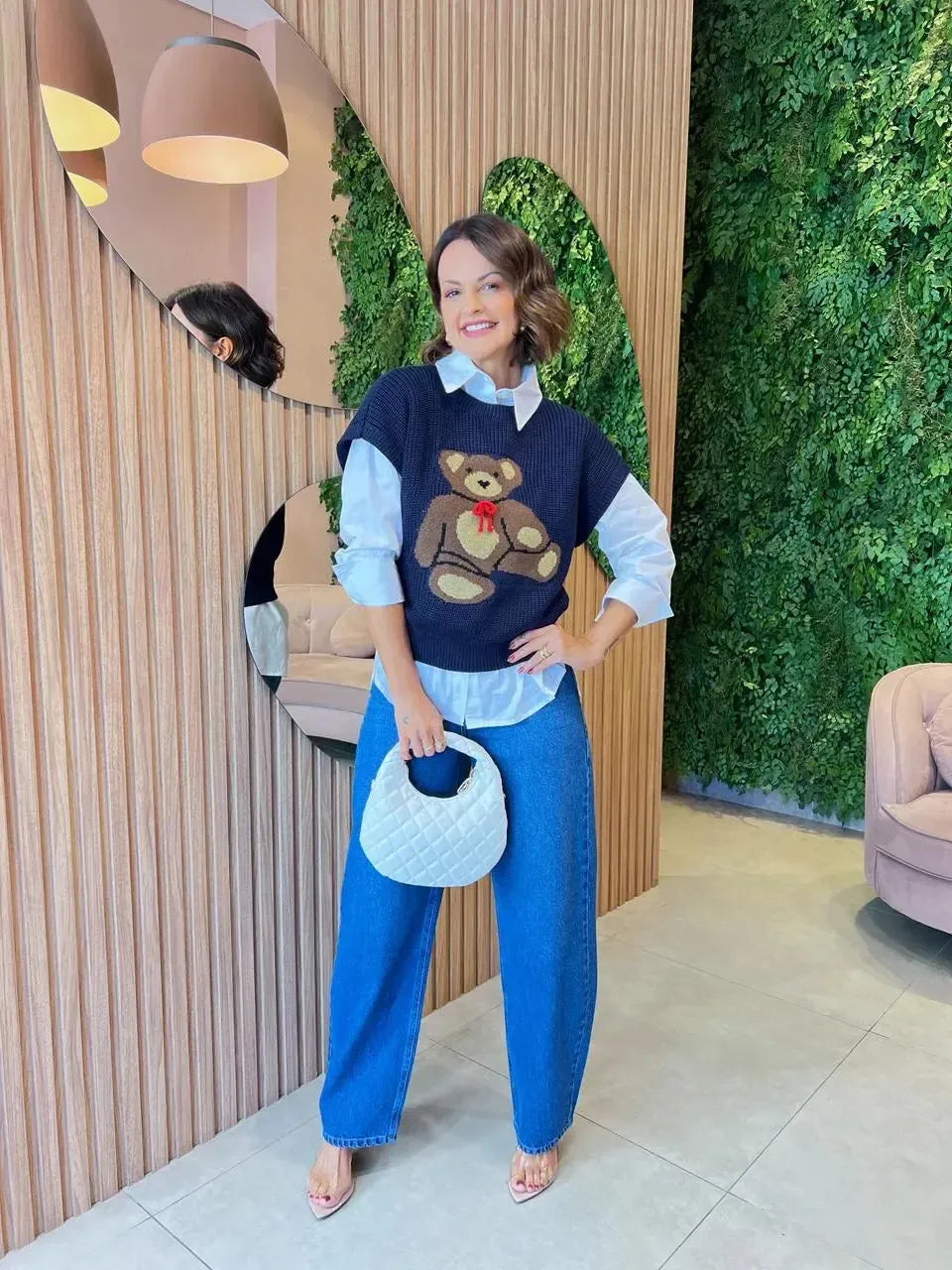 Colete em Tricô Estampa Urso, Azul Marinho