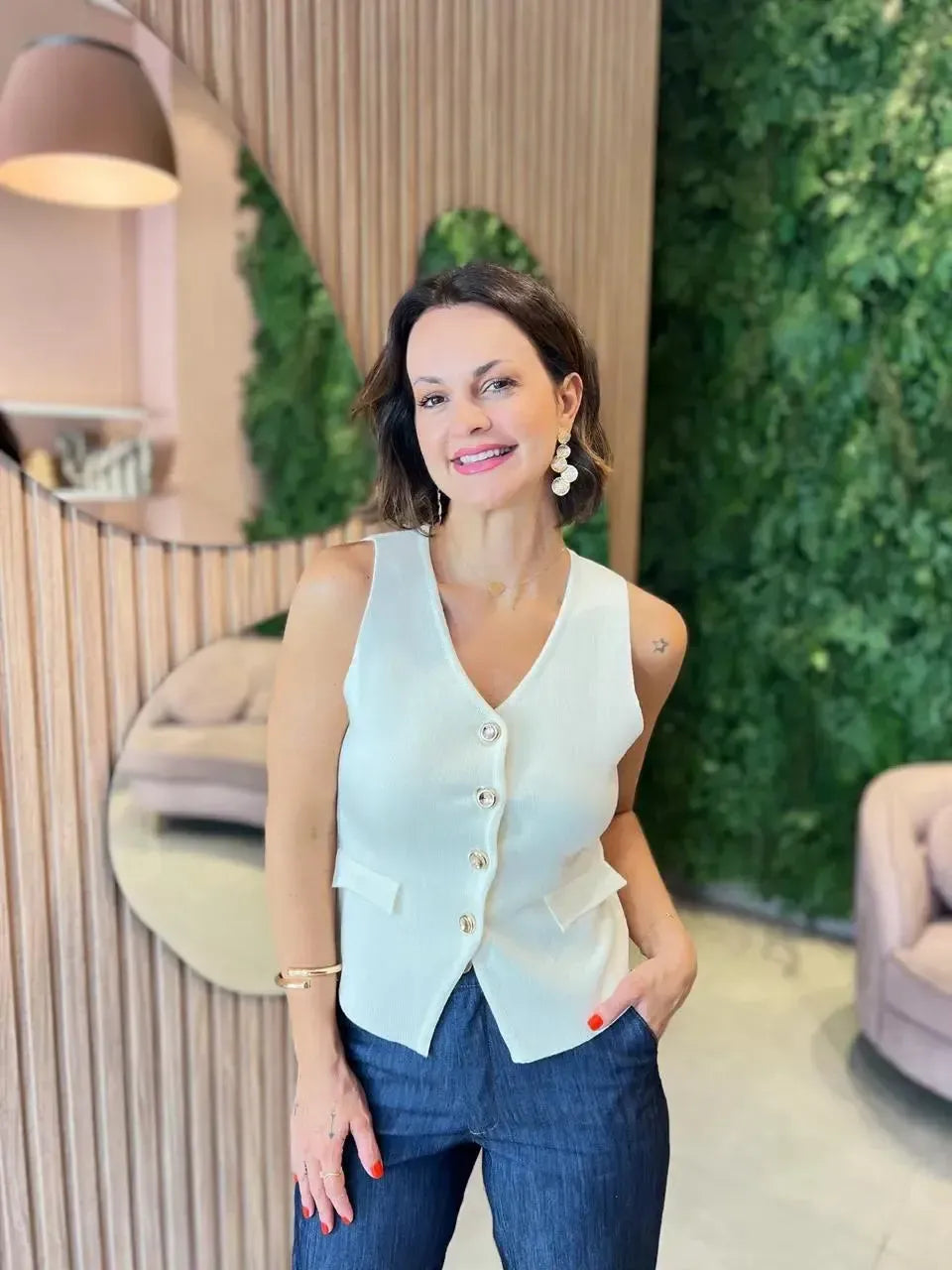 Colete em Tricô Modal, Creme