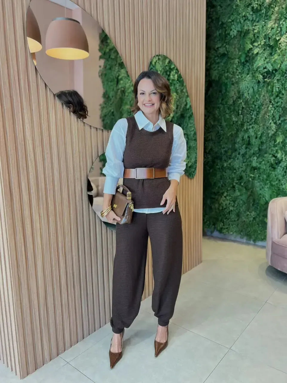 Conjunto Calça Aladim + Regata em Tricô, Marrom
