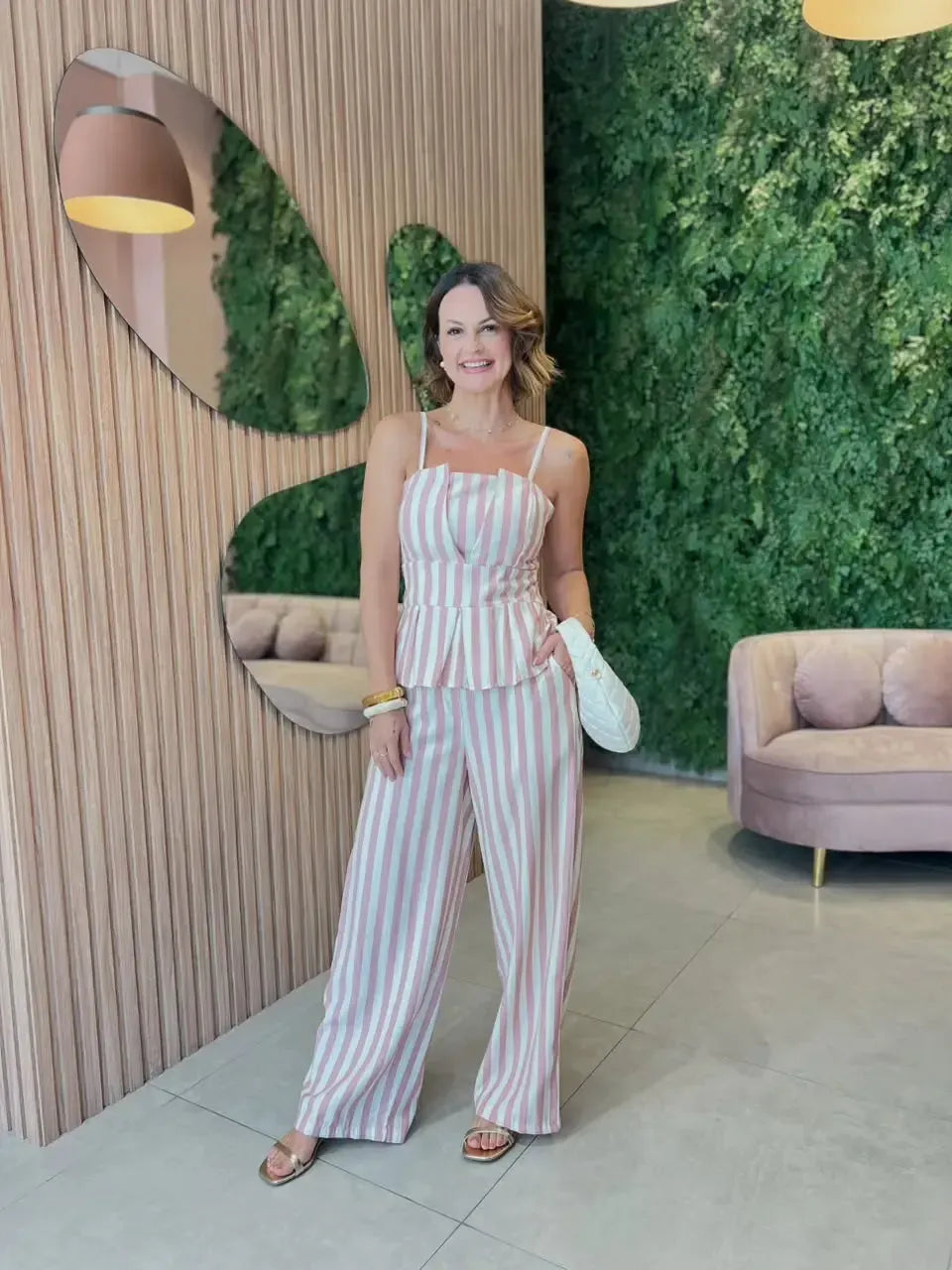 Conjunto Calça + Cropped, Listrado Rosa