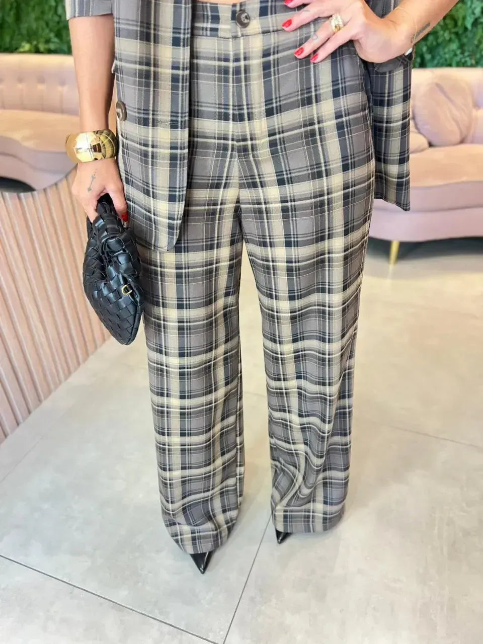 Conjunto Calça + Cropped, Xadrez Caqui
