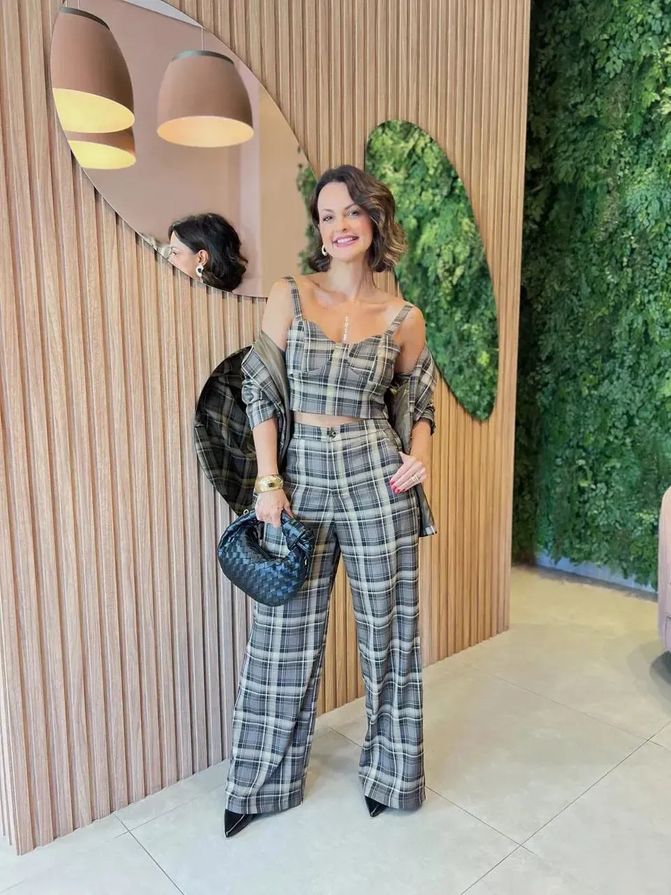 Conjunto Calça + Cropped, Xadrez Caqui