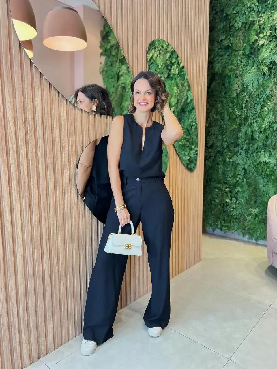 Conjunto Calça Pantalona + Blusa V , Preto