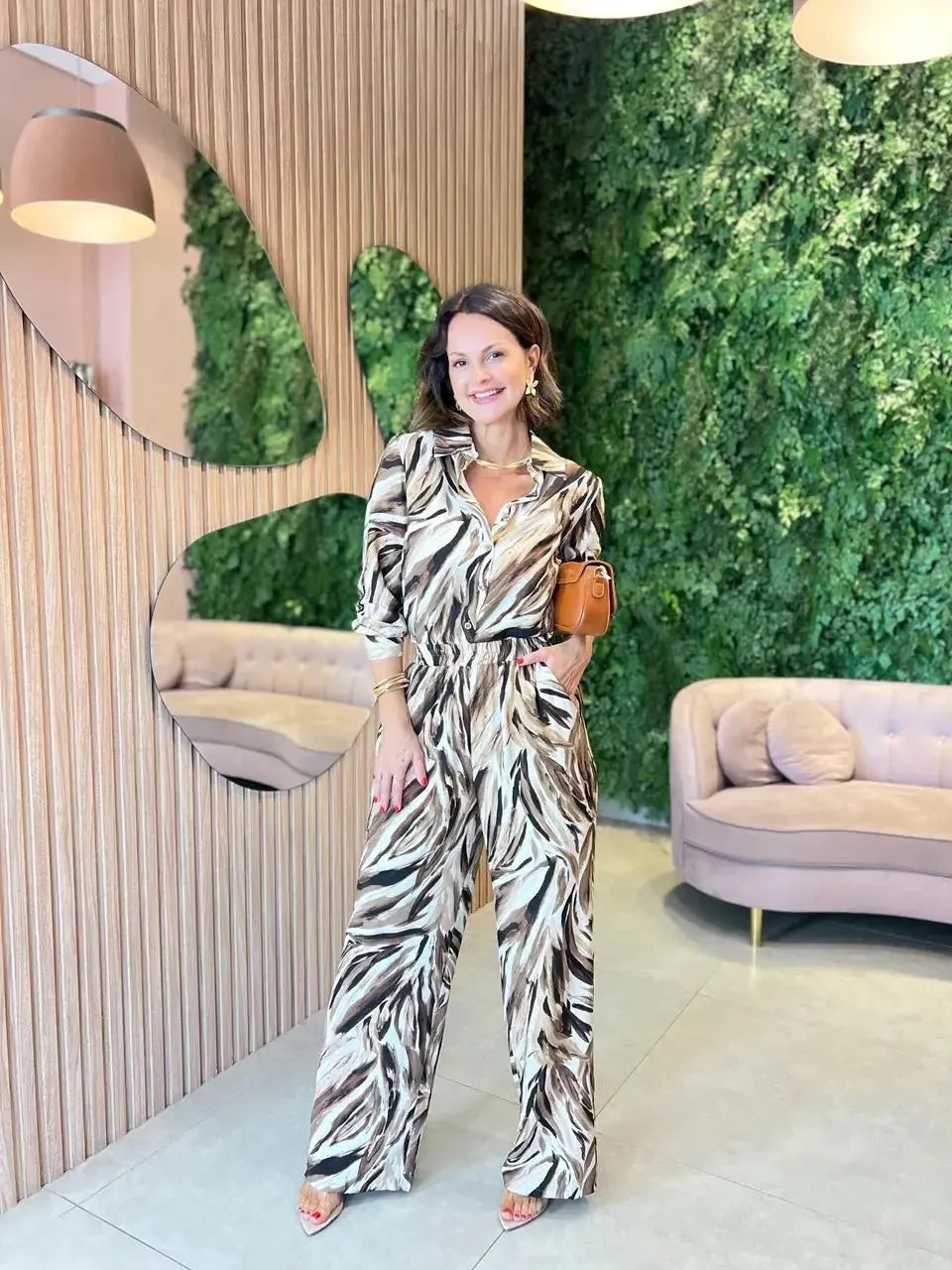 Conjunto Estampado em Viscose Camisa + Calça, Marrom