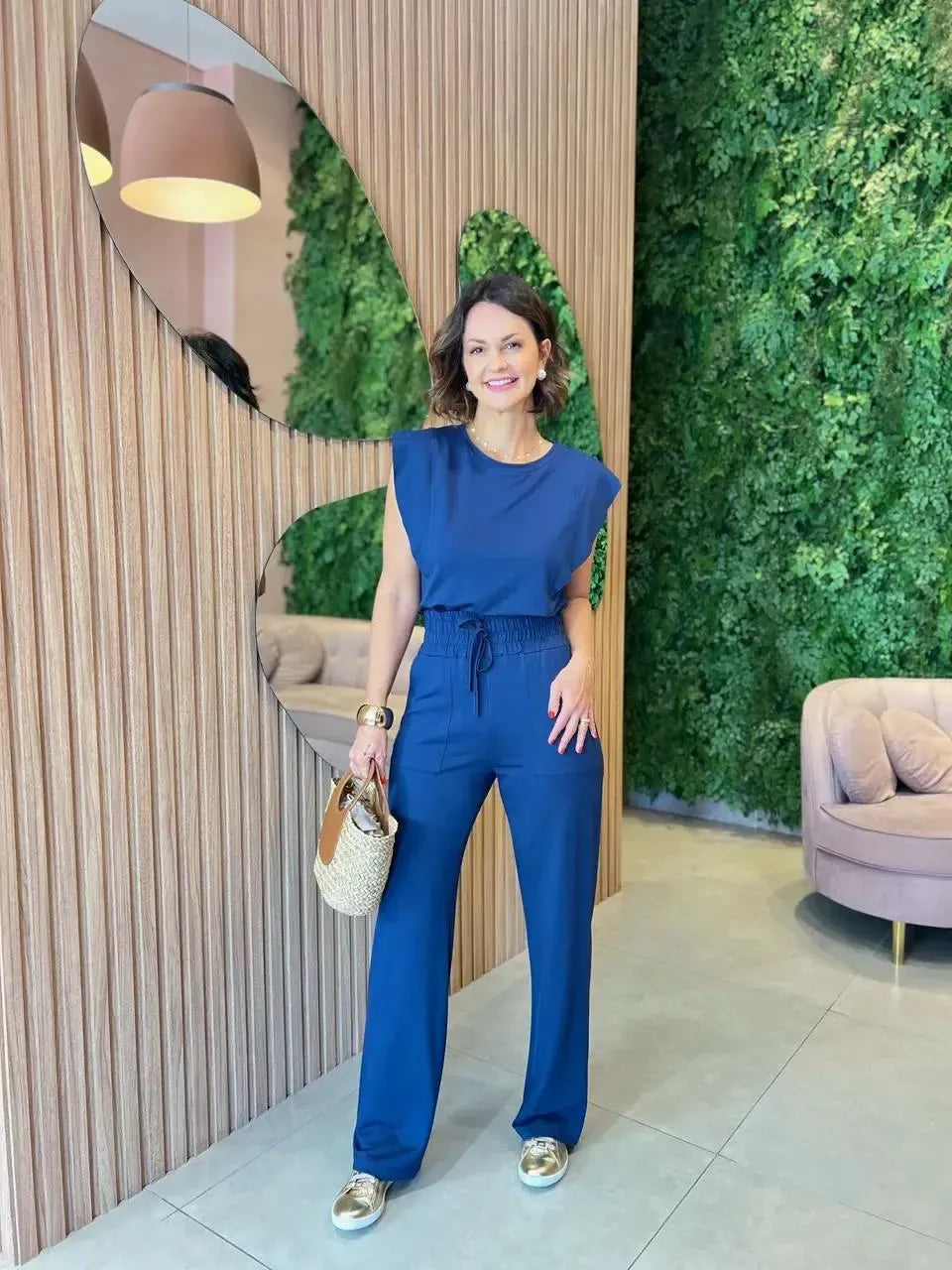 Conjunto Moletinho Calça + Blusa Sem Manga, Azul