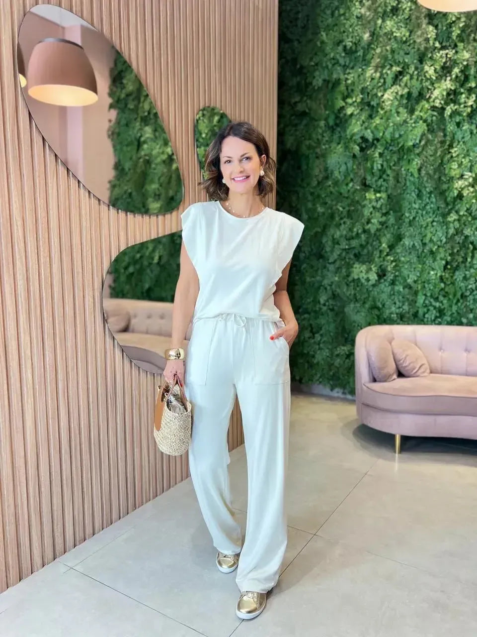 Conjunto Moletinho Calça + Blusa Sem Manga, Off White