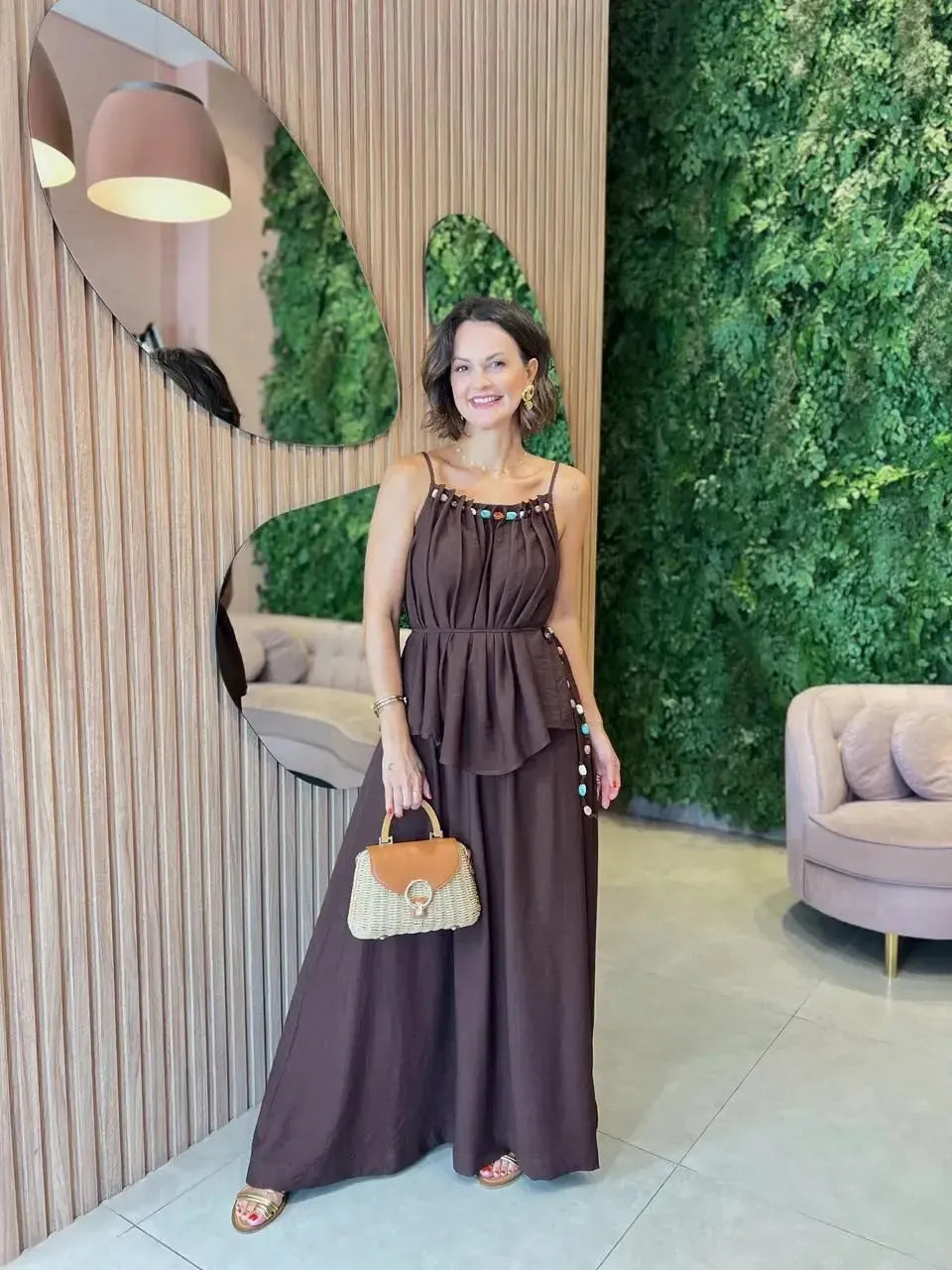 Conjunto Saia Ampla + Regata com Detalhe, Marrom