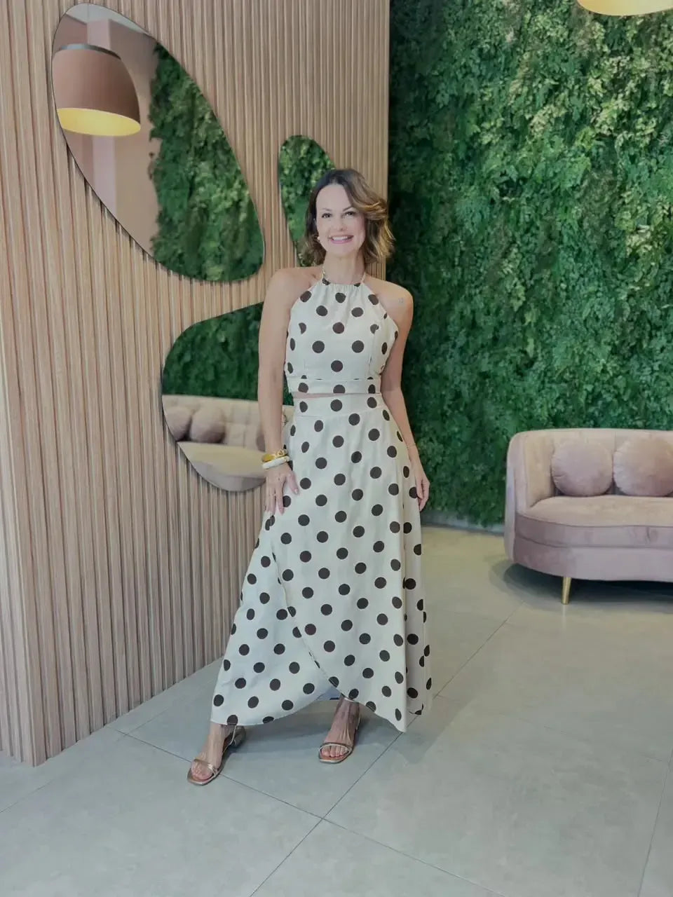 Conjunto Saia + Blusa Frente Única, Cru com Poa Marrom
