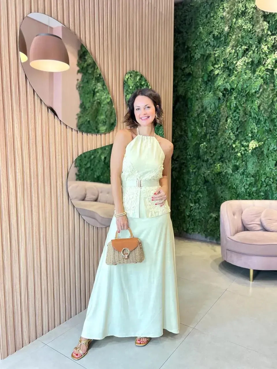 Conjunto Saia + Blusa Frente Única com Renda, Amarelo