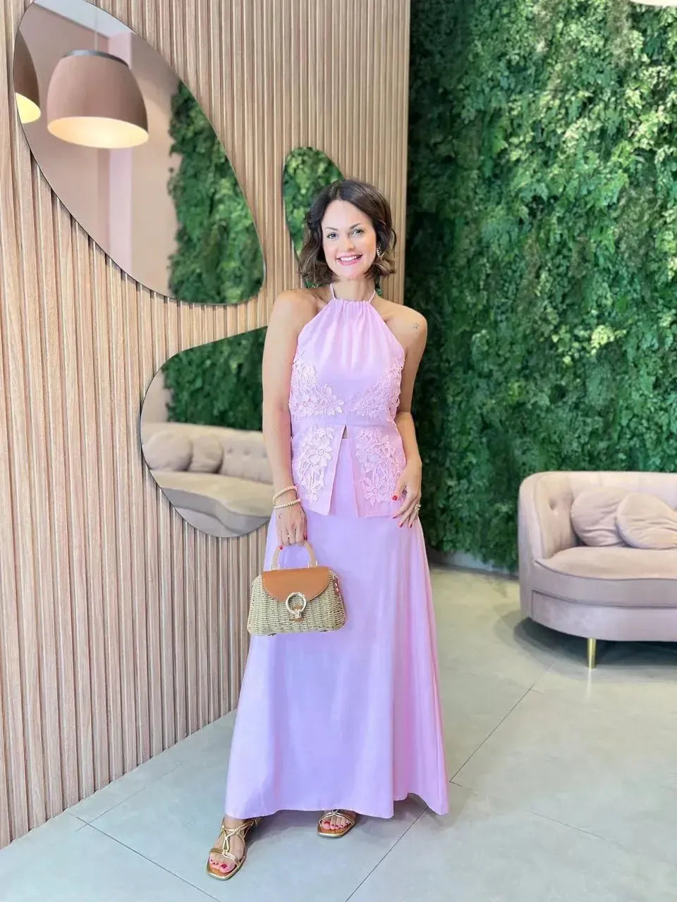 Conjunto Saia + Blusa Frente Única com Renda, Rosa