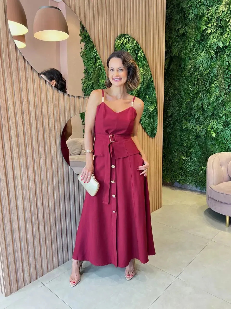 Conjunto Saia com Botões + Blusa, Marsala