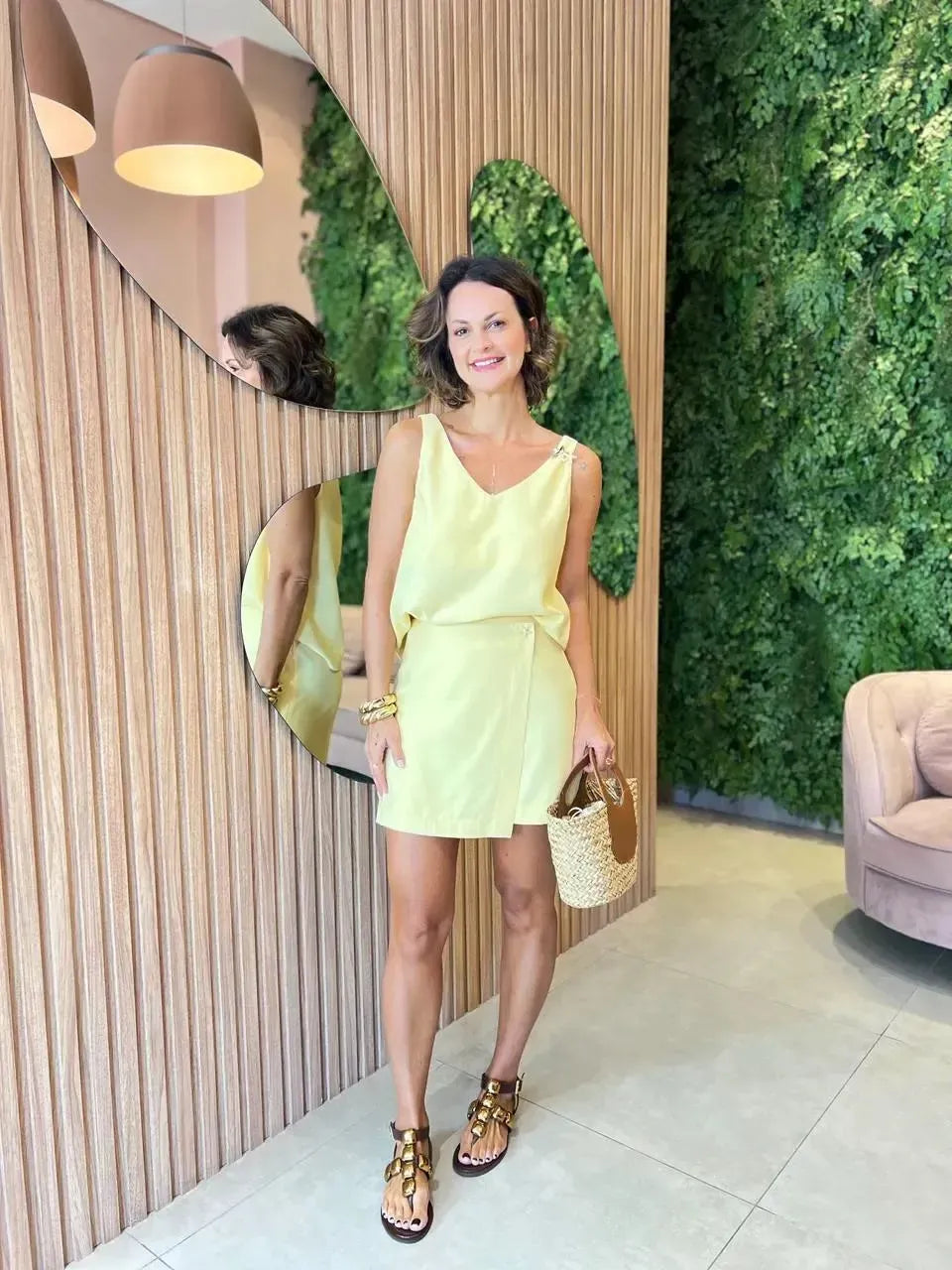 Conjunto Shorts Saia + Blusa Regata, Amarelo